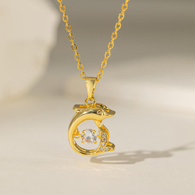 Cute animal series kitty dolphin swan diamond pendant stainless steel chain necklace collection