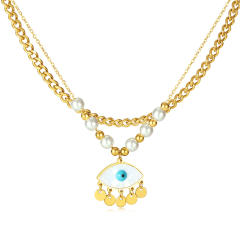 Boho evil eye pendant two layer stainless steel necklace
