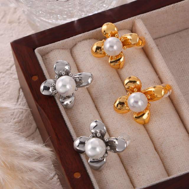 Elegant pearl bead bloom flower stainless steel studs earrings