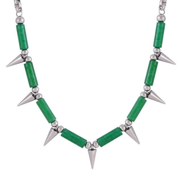 Punk trend natural stone bead rivet stainless steel necklace
