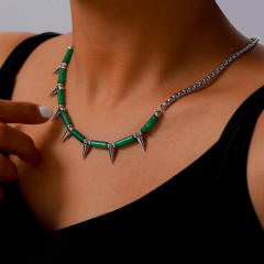 Punk trend natural stone bead rivet stainless steel necklace