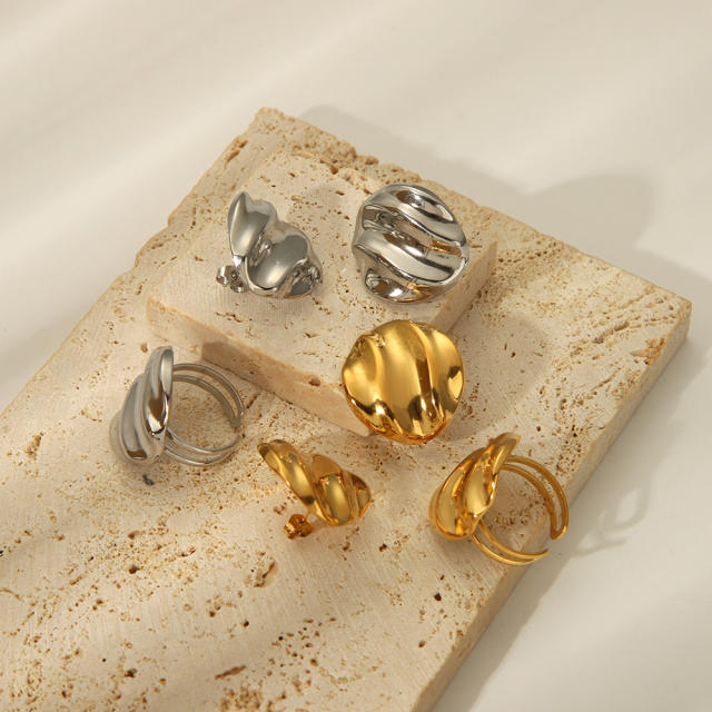 18KG fold pattern geometric stainless steel earrings rings set