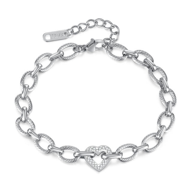 Hot sale diamond hollow heart stainless steel chain bracelet