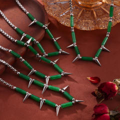 Punk trend natural stone bead rivet stainless steel necklace