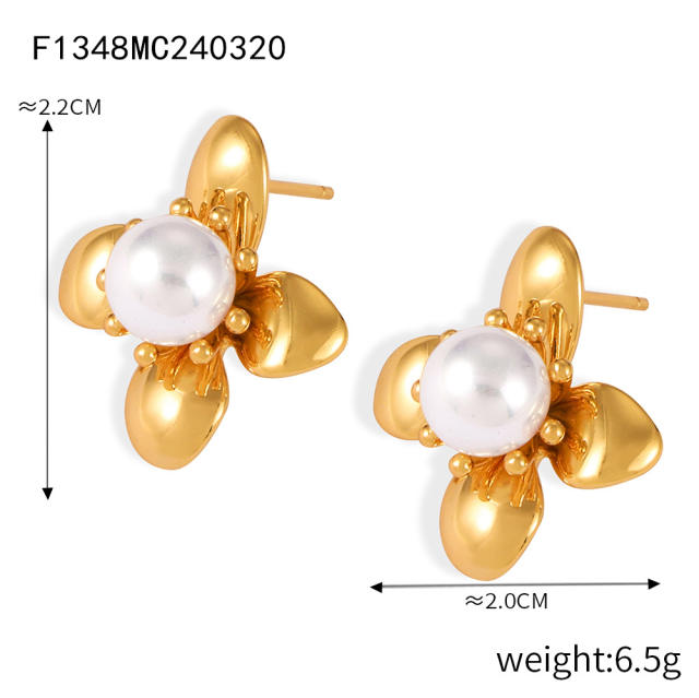 Elegant pearl bead bloom flower stainless steel studs earrings