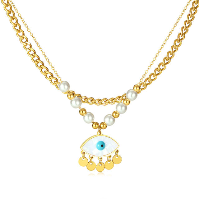 Boho evil eye pendant two layer stainless steel necklace