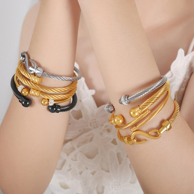 Elegant easy match basic wireless design stainless steel cuff bangle rings set collection
