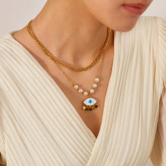 Boho evil eye pendant two layer stainless steel necklace