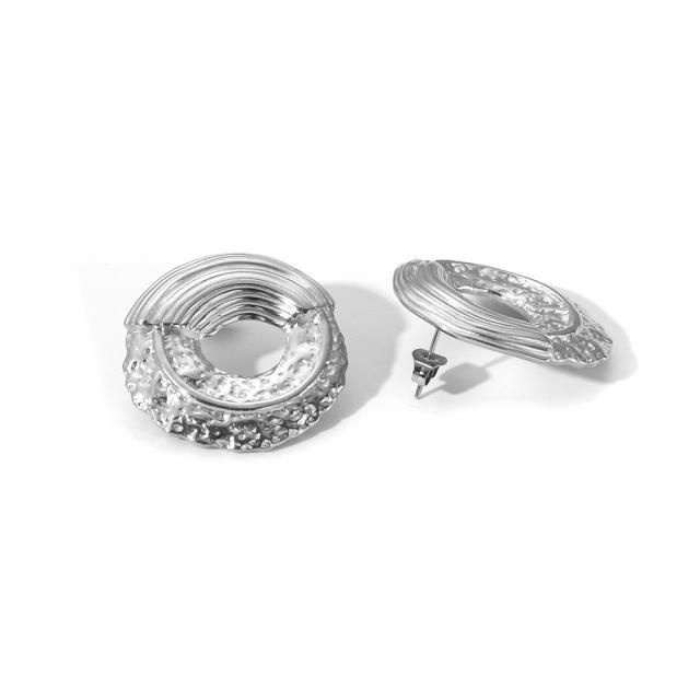 18KG unique fold pattern geometric stainless steel earrings rings set