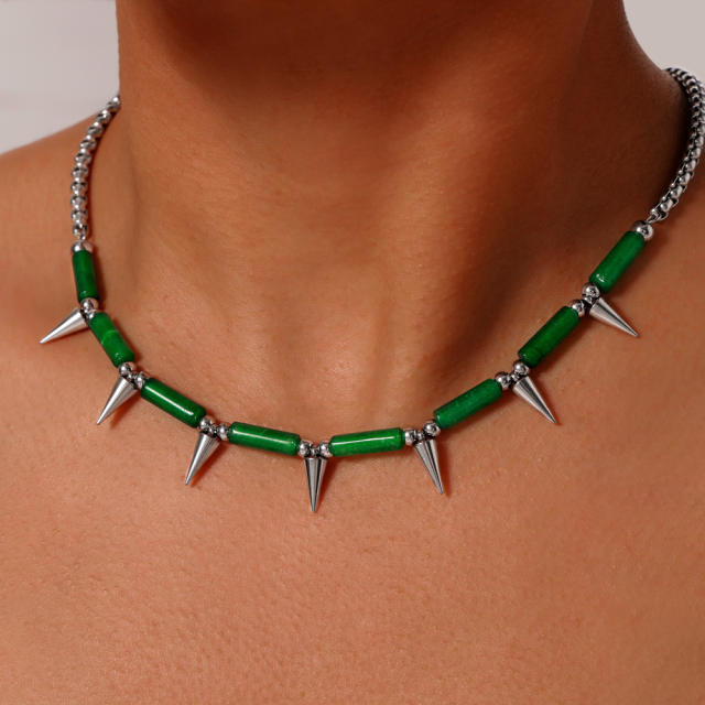 Punk trend natural stone bead rivet stainless steel necklace