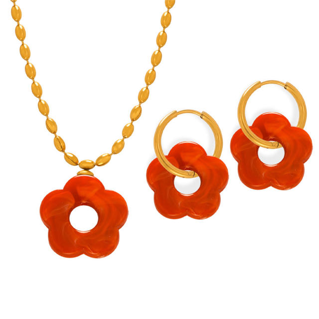 Spring summer colorful petal flower pendant stainless steel necklace earrings set