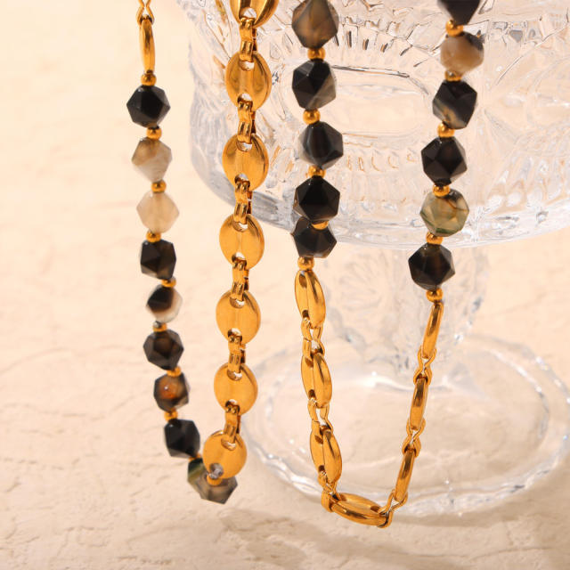 Vintage natural stone bead coffee bean chain mix stainless steel necklace bracelet set