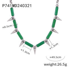 Punk trend natural stone bead rivet stainless steel necklace