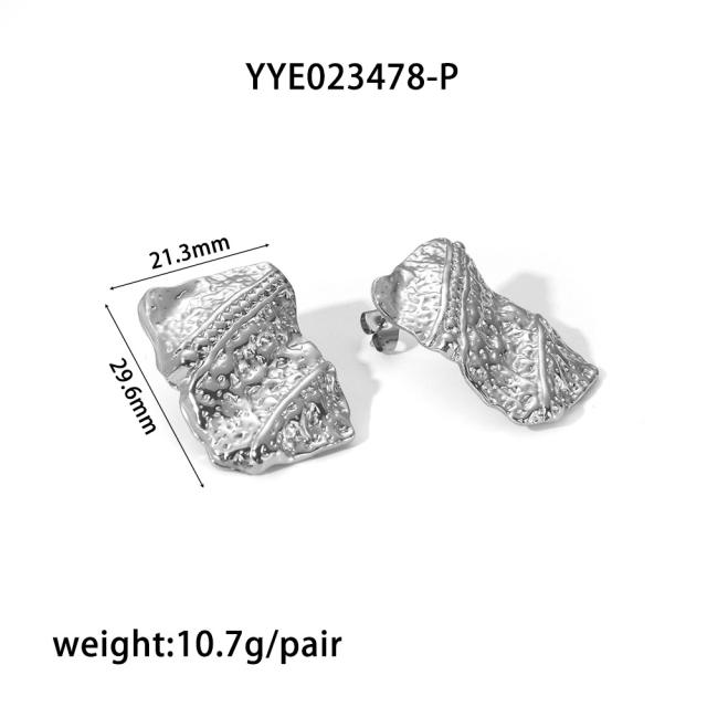 18KG Geometric shape fold pattern stainless steel earrings rings set