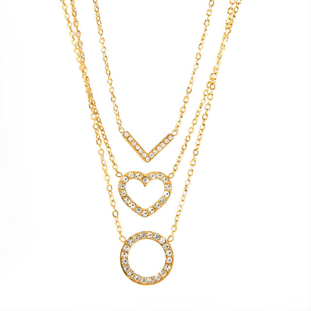 Dainty diamond circle V letter heart stainless steel necklace