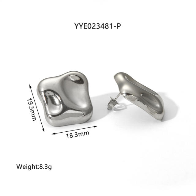 18KG Chunky fold pattern geometric shape stainless steel earrings