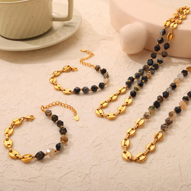 Vintage natural stone bead coffee bean chain mix stainless steel necklace bracelet set