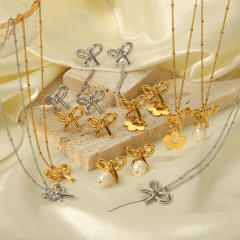 18KG sweet bow pearl flower stainless steel necklace collection