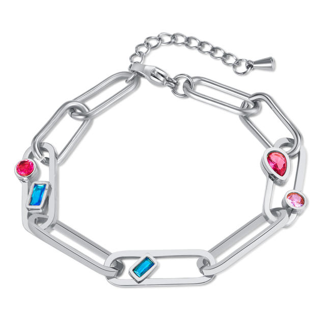 Colorful cubic zircon statement paperclip chain stainless steel bracelet