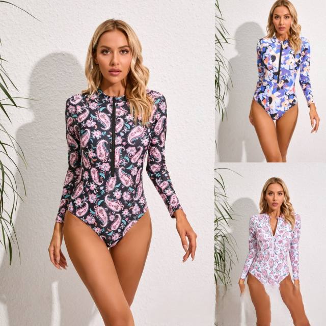 Floral pattern long sleeve one piece swimsuit surfing swimsuit