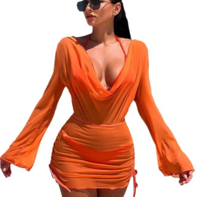 3pcs set sexy plain color bikini swimsuit and cover set