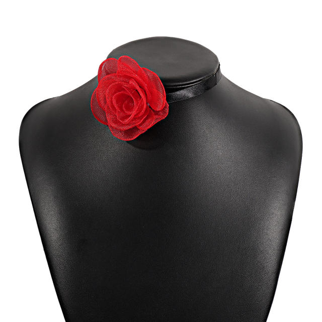 Vintage fabric flower black ribbon strappy choker necklace