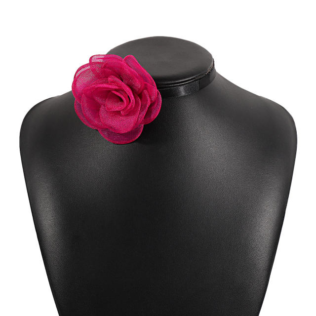 Vintage fabric flower black ribbon strappy choker necklace