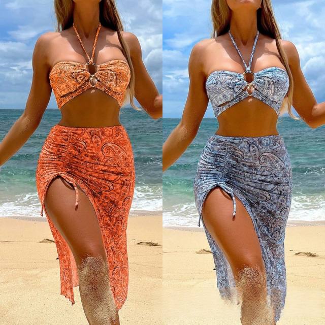 3pcs Vintage pasley pattern halter neck bikini swimsuit skirt set