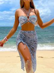 3pcs Vintage pasley pattern halter neck bikini swimsuit skirt set