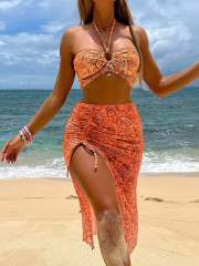 3pcs Vintage pasley pattern halter neck bikini swimsuit skirt set