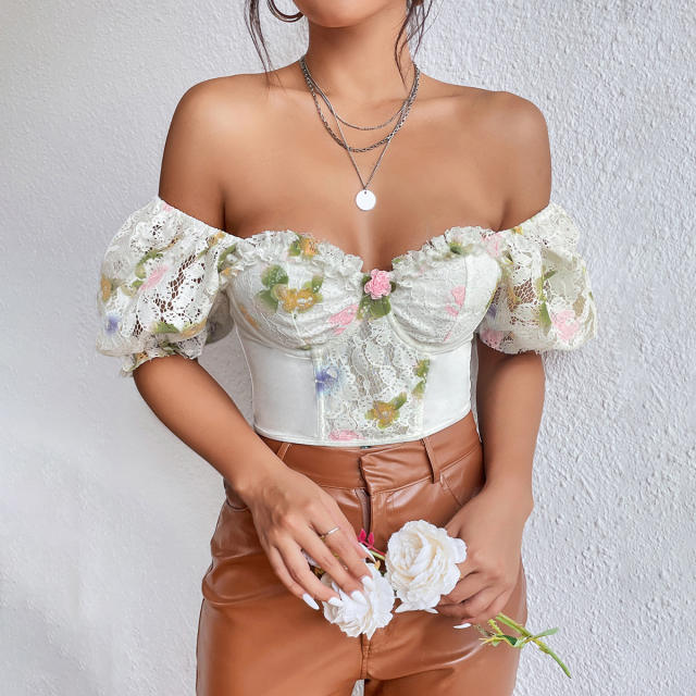Spring summer fresh flower hollow out lace corset tops for women