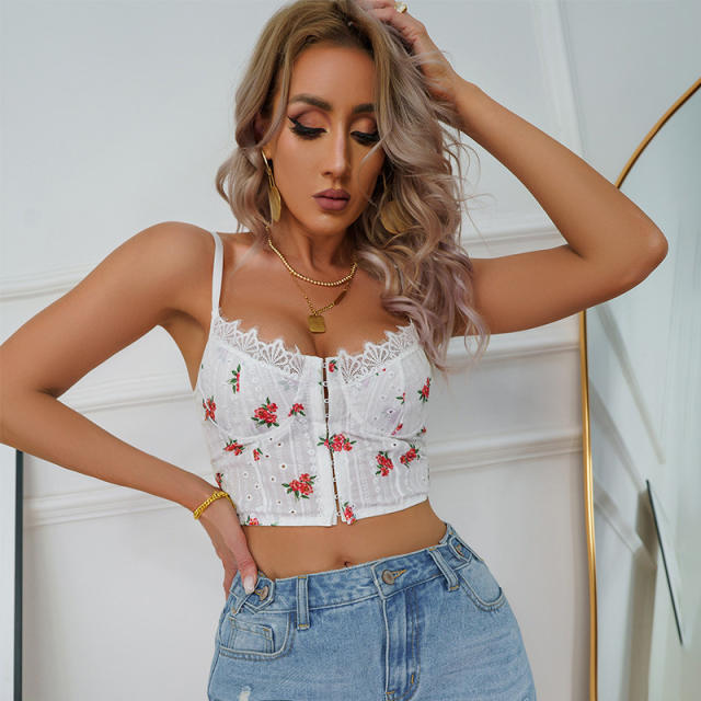 Sexy sweet flower embroidery white color cropped tops