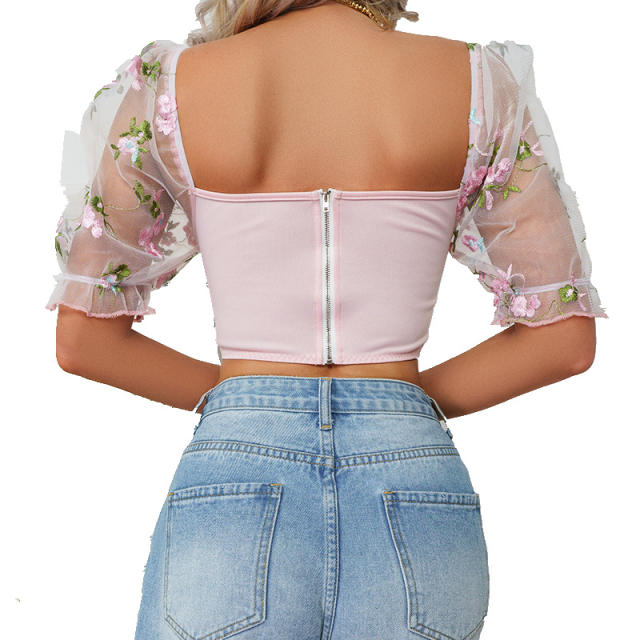 Summer sweet pink color flower embroidery puff sleeve cropped tops
