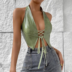 Spring summer green color halter neck sexy cropped tops