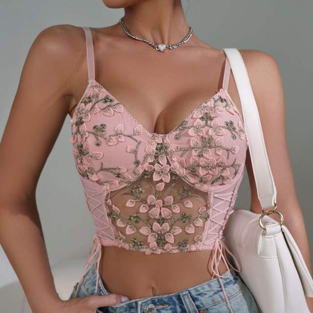 Sexy pink color flower embroidery cropped tops