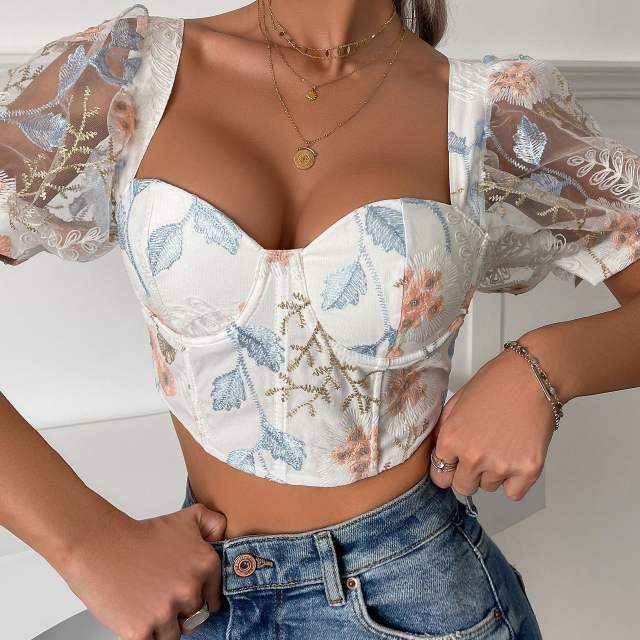 INS sweet sexy puff sleeves corset cropped tops for women