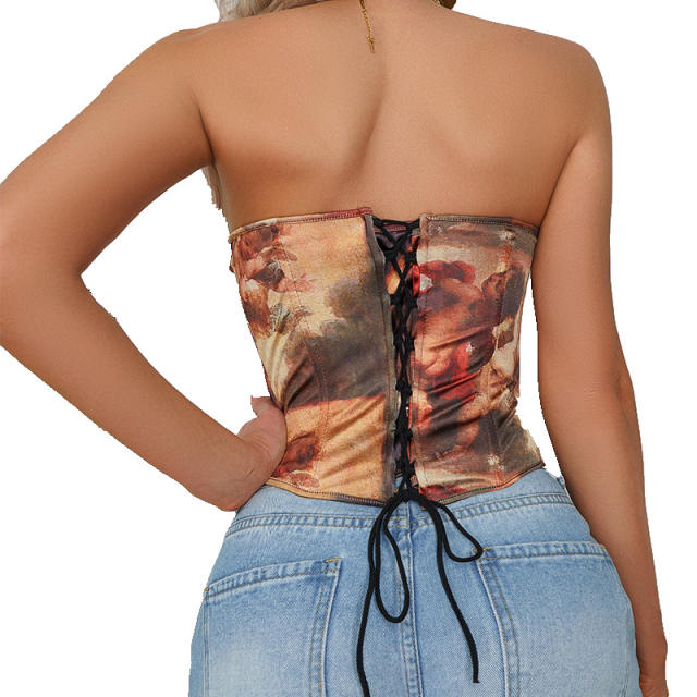Summer color pattern off shoulder corset women tops