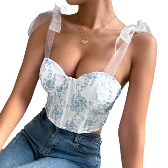 Spring summer fresh blue color flower corset women tops