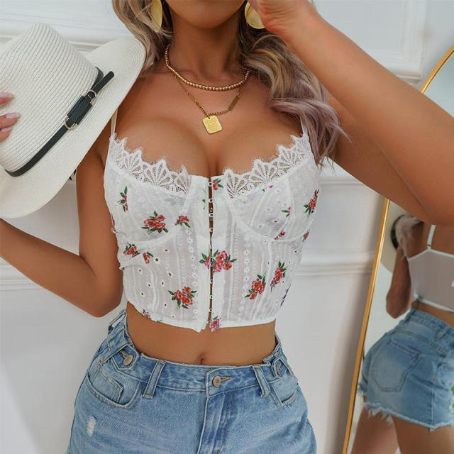 Sexy sweet flower embroidery white color cropped tops