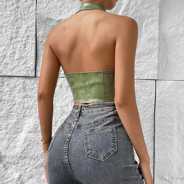 Spring summer green color halter neck sexy cropped tops