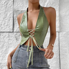 Spring summer green color halter neck sexy cropped tops