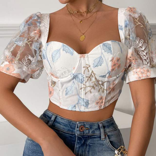 INS sweet sexy puff sleeves corset cropped tops for women