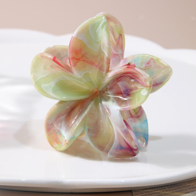 8CM Colored marble pattern summer plumeria flower hair claw clips