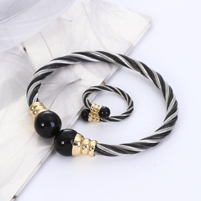 Korean fashion Cable design pearl bead stainless steel bangle rings set