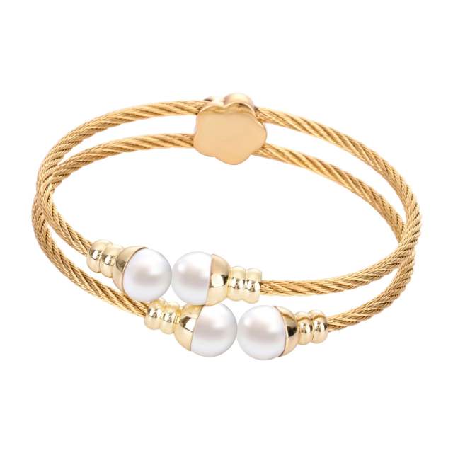 Korean fashion pearl bead two layer cable design stainless steel bangle