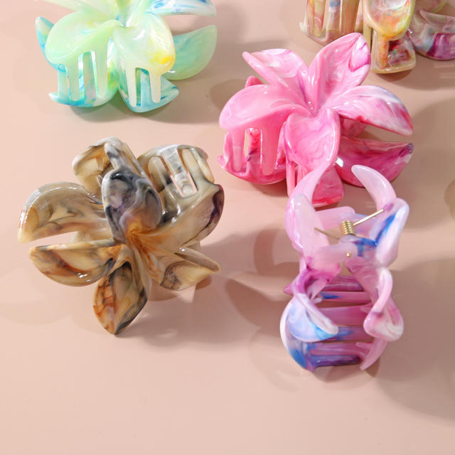8CM Colored marble pattern summer plumeria flower hair claw clips