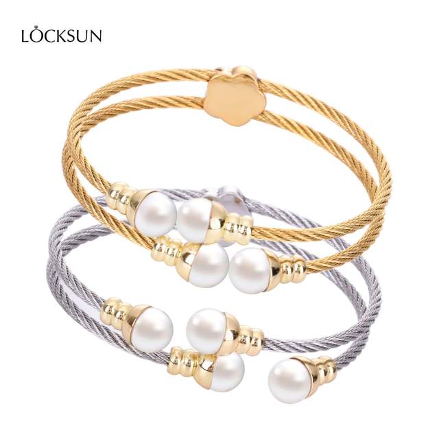 Korean fashion pearl bead two layer cable design stainless steel bangle