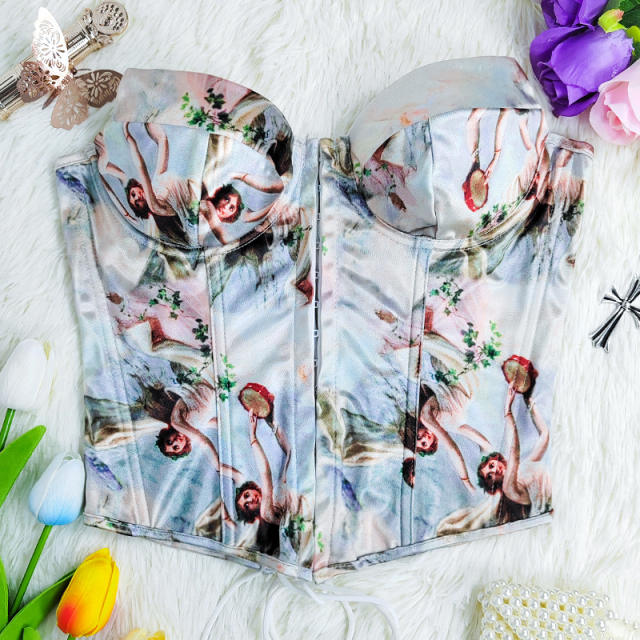 Summer color pattern off shoulder corset women tops
