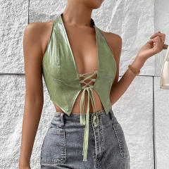 Spring summer green color halter neck sexy cropped tops