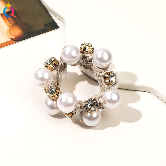 Koraen fashion rhinestone pearl bead elegant high elastic women hair ties thick hair hair ties